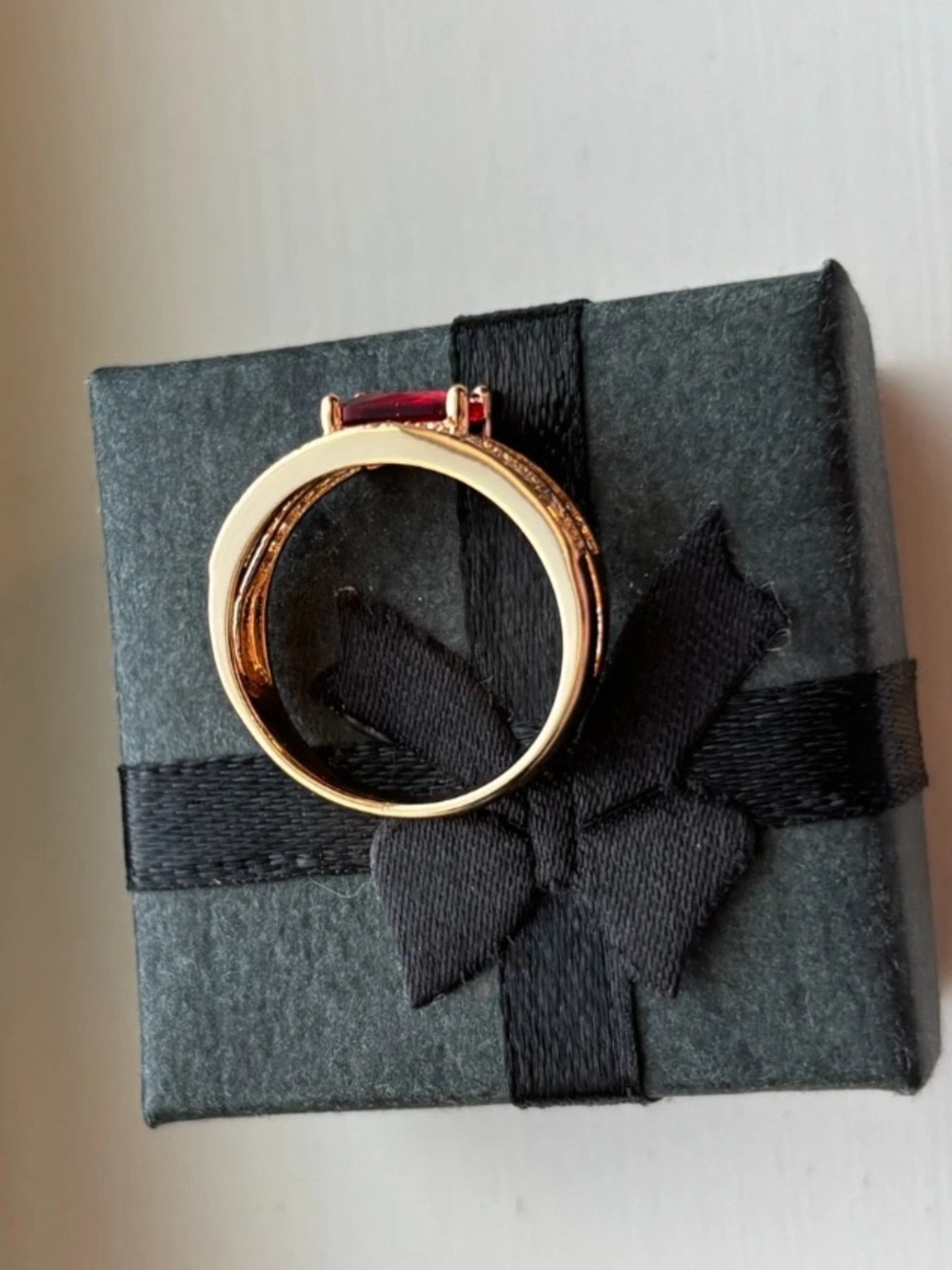 Gold Plated Ruby Red CZ Stacked Ring Size 6 Double Band Baguette & Pave - Picture 6 of 9